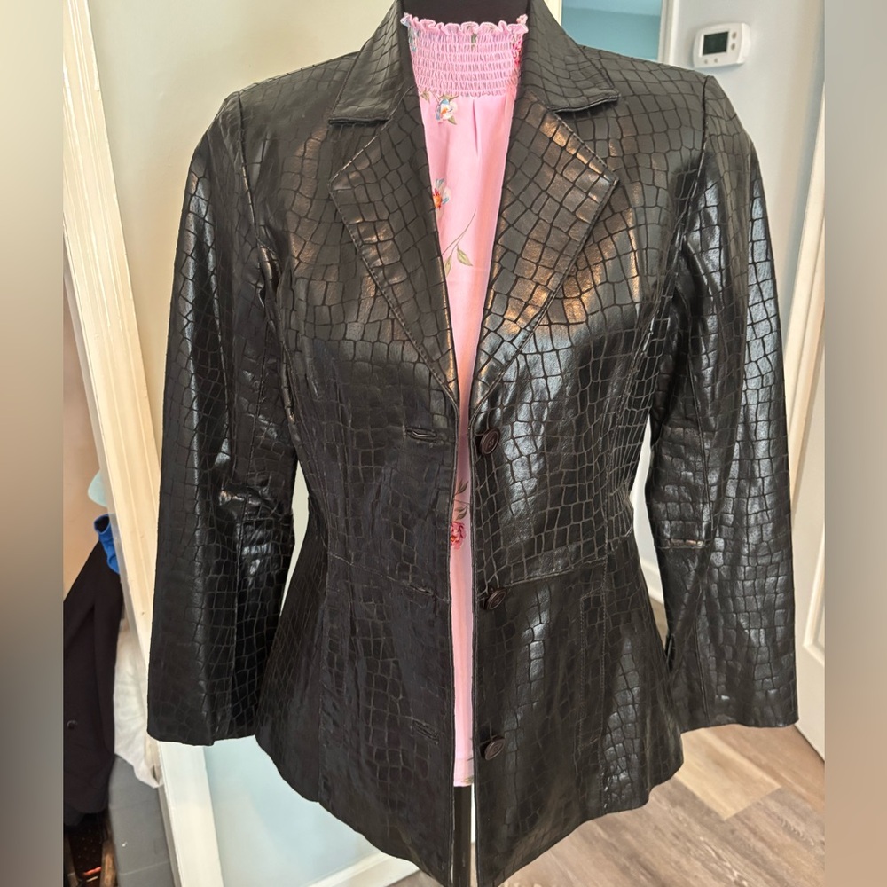 Dialogue Shiny Black Croc-Patterned genuine LEATHER Blazer xs - Picture 1 of 11